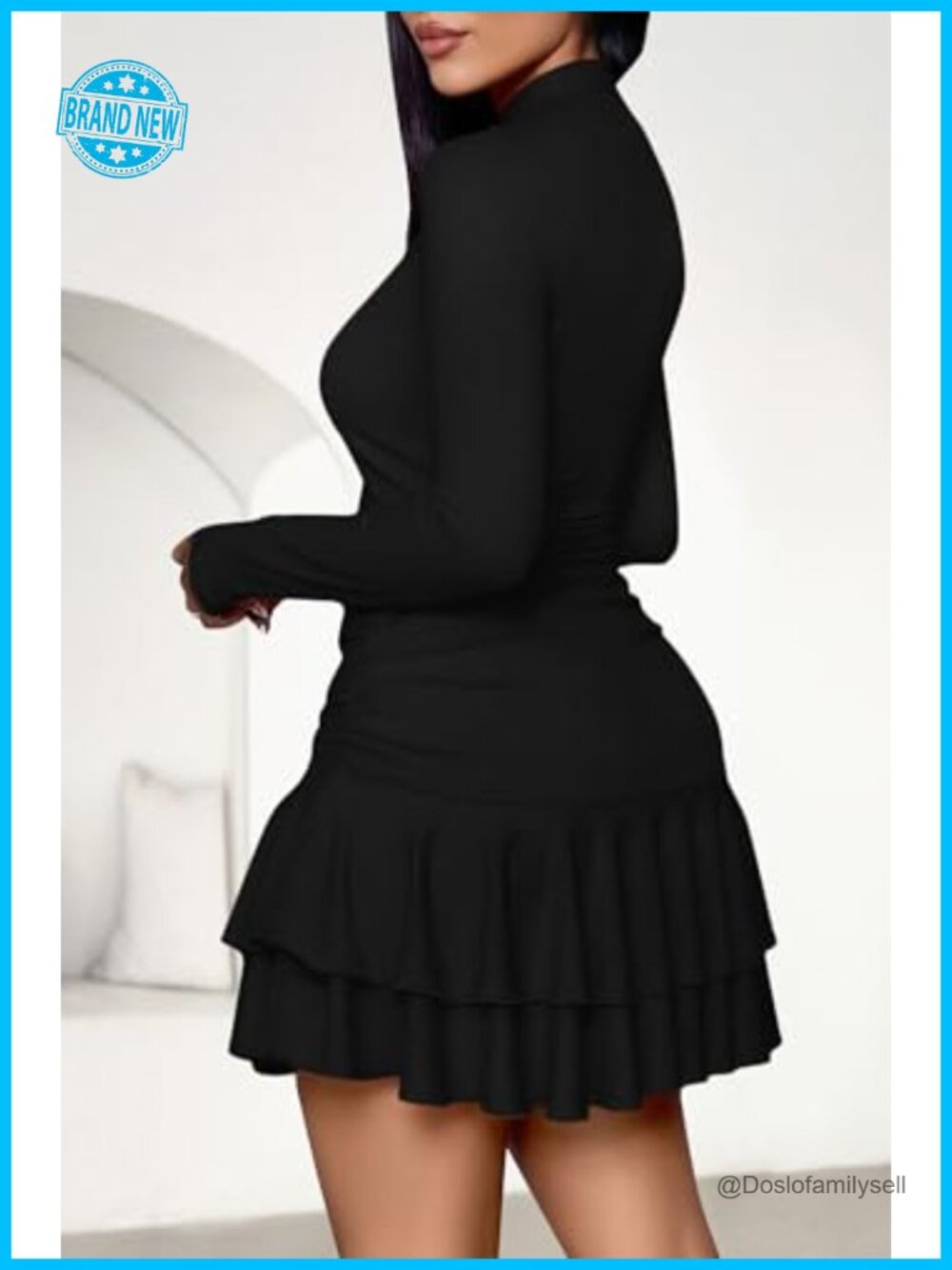 Long Sleeve Ruffle Layered Bodycon Mini Dress Ruched Mock Neck - Picture 4 of 6